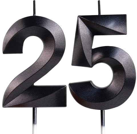 Decorazione per torte 3D Candela numero 25, Candele in nero,Candele di compleanno,Candele con numeri da 5cm,matrimoni,anniversari, decorazioni per torte di compleanno