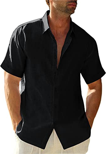 Runcati Camicia in lino, da uomo, estiva, a maniche corte, per il tempo libero, estiva, da spiaggia, da lavoro, da uomo