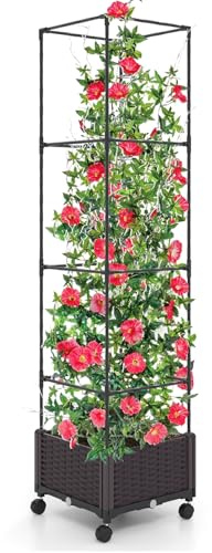 COSTWAY Växtstöd med blomlåda på hjul, trädgård obelisk justerbar höjd, belagd metall och PP, spaljé med växtlåda och självbevattning, för klätterväxter blommor, 40 x 40 x 170 cm