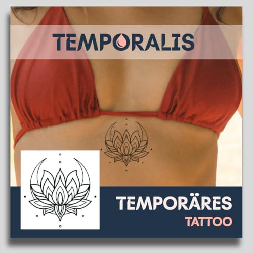 Fake Tattoo Lotusblume – Temporalis® | Temporäre Tattoos für Erwachsene – EU-zertifizierte Kosmetik, vegan & wasserfest – Hält 1 bis 2 Wochen [ Symmetrische Lotusblume ]
