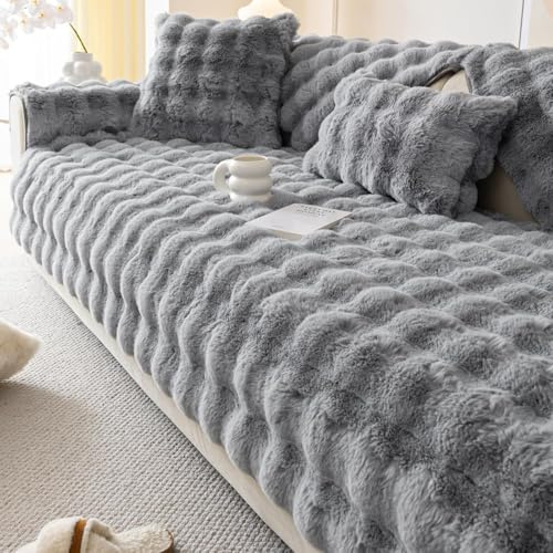 Warm Faux Rabbit Fur Couch Cover, Non Slip Sofa Cover(90x210cm, Light Grey) | Fuzzy Sofa Cover for 4 seater, L Shape Sofa Protectors from Pets, Soft Skin Friendly Slipcover, Plush Couch Cover Washable