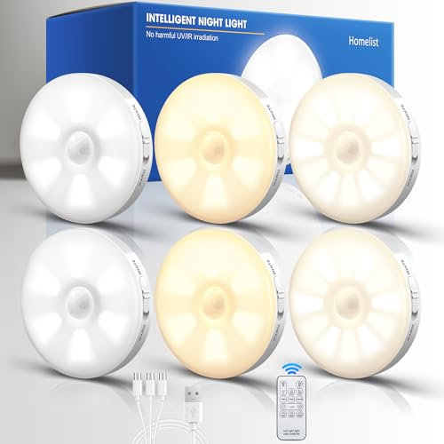 Homelist Motion Sensor Lights Indoor with Remote Control, 6 Pack Wireless Rechargeable Night Light LED Stick on Wall Light, Battery Operated Stair Kitchen Cupboard Under Cabinet Puck Light
