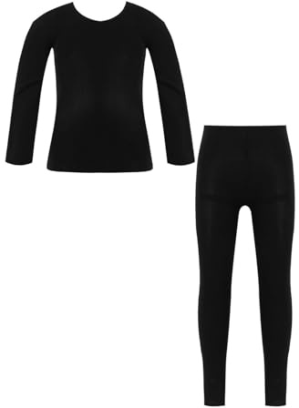 Miutii Set de ropa interior térmica para niños y niñas, camiseta de manga larga con top + mallas leggings con/sin forro polar, ropa interior térmica para ballet y danza, Negro , 98-104
