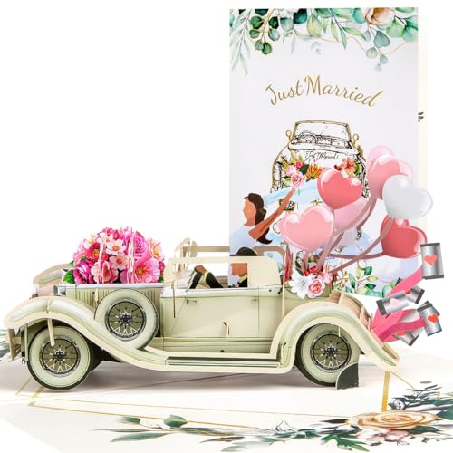 CNLITIHEKA Wedding Anniversary Cards - Wedding Car with Bride and Groom, Pop Up Anniversary Cards, for Valentines Day, Engagement, Marriage, Anniversary, Include Envelope.
