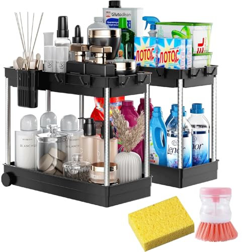 2 Pack Under Sink Storage with a Dispensing Brush & Sponge, 2 Tier Kitchen Storage Under Shelf, Under Sink Tidy, Multipurpose Under Sink Cupboard Organiser, Under Sink Organiser For Kitchen & Bathroom