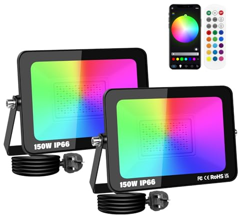 SKYWORLD 2 x 150W Foco LED RGB Exterior, Proyector LED Multicolor Impermeable, Control de APP, Luz de Inundación RGB Foco de Colores Smart LED Floodlights para Jardín Parque Hotel Terraza