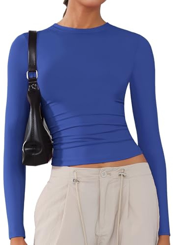 ARCFEETORY Women's Soft Long Sleeve Shirts Crew Neck Tops Basic Tees Stretchy Going Out Crop Tops Y2K Slim Fit T-Shirts Forever Blue M