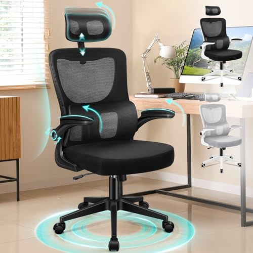 ALFORDSON Sedia da Ufficio Scrivania Ergonomica Lombare in Rete Traspirante, Con Braccioli Pieghevoli, Poggiatesta Regolabile Altezza Regolabile Funzione Oscillante Girevole con Ruote(Nera)