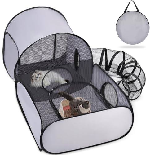 Box 3 in 1 per gatti con tunnel circostante, box per animali domestici con lati morbidi traspiranti, recinto per gatti e cani, per esterni e interni, tenda portatile per piccoli animali, con borsa per