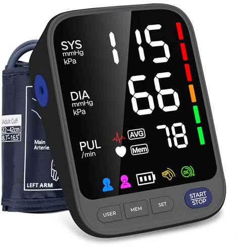 Oberarm-Blutdruckmessgerät mit großer Manschette (22-42 cm) für die häusliche Nutzung | Extra großes 6,4 Zoll LED-Display | Mit USB-C-Anschluss | 240 Speicherplätze | Integrierte Pulsmessung (schwarz)
