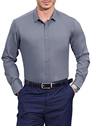 Casey Kevin Camisa Manga Larga Hombre Bambú Camisas Vestir Casual Camisas Sin Plancha Hombre para Oficina Traje Boda, L