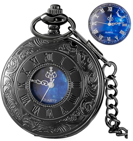 Tiong Montre de poche à quartz avec chiffres romains creux, style vintage, bleu étoilé, avec chaîne et pendentif pour homme et femme, Classique