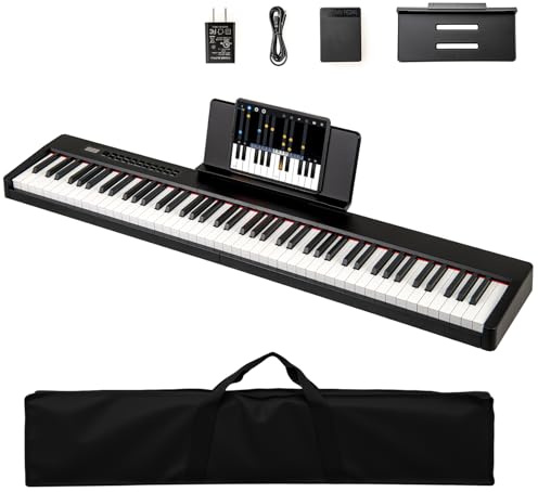 KOMFOTTEU Piano Digital de 88 Teclas, Teclado de Piano con 380 Sonidos, 128 Ritmos, 88 Demos, MIDI, Pedal de Sostenido, Piano Eléctrico Portátil con Soporte para Música, Bolsa de Transporte (Negro)
