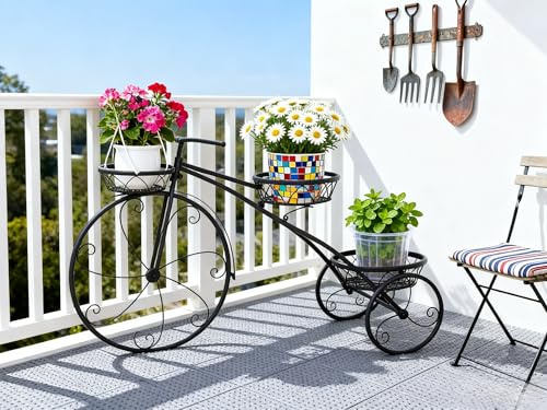 Vrygle Porte Plante Intérieur Métal, Étagère Plante Interieur en Fer Forgé Support Plantes Extérieur Vélo Support Pot de Fleurs Métallique avec 3 Corbeilles - pour Jardin, Terrasse 80 x 55 x 25cm