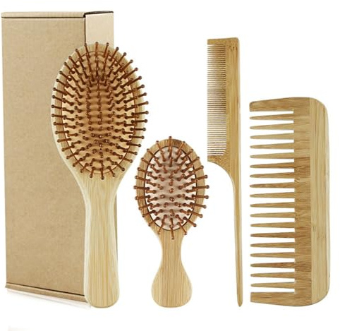 Set di spazzole in bambù 4 pezzi Spazzola per capelli in bambù per la crescita dei capelli, include pettine a denti larghi, pettine a coda, paletta e mini per lucentezza e salute, paletta ma