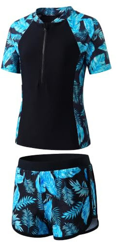 Baogaier Baddräkt för flickor, kortärmad baddräkt, snabbtorkande, tryck, tvådelade baddräkter med vadderad BH, dragkedja, badskjortor med shorts, badkläder strand, pool, baddräkter för 5-14 år