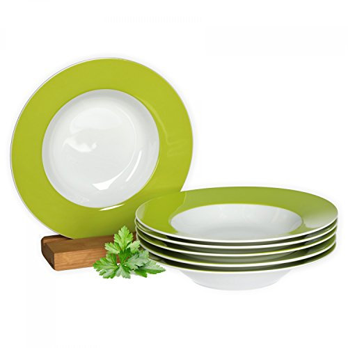 van Well Vario Suppenteller-Set 6-teilig - Teller-Service für 6 Personen - tiefe Pasta-Teller 21,5cm - Porzellan-Set weiß mit Rand in Grün - Salat-Teller mikrowellengeeignet