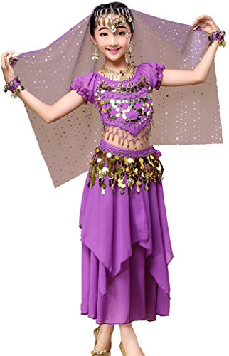 Astage Magdansdräkt för flickor till halloween, outfit, indisk, orientalisk, karneval, komplett set, Lila, 3-5 År