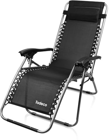 Todeco Chaise Longue Transat Jardin Plein Air, Transat de Plage Pliable, Bain de Soleil avec Repose-tête, d’accoudoirs Réglables, Chaise de Camping en Respirantes Textilène, Noir