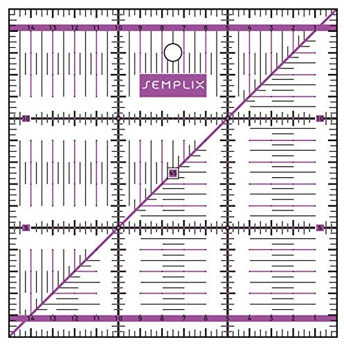 SEMPLIX Patchwork-Lineal Quilt-Lineal, transparent, mit cm-Skala und Winkelfunktionen, ideal für Patchwork und zum Basteln, 15 x 15 cm (lila)