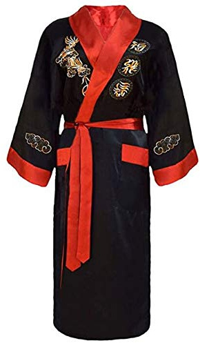 Black Sugar Kimono Hombre Cinturón Obi Yugata Japonés Reversible Negro y Rojo Bordería Dragón Dorado Samurai Tradicional, Negro , XL