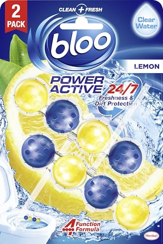 Bloo Power Active Toilet Rim Block Lemon, with Anti-Limescale, Cleaning Foam, Dirt Protection and Extra Freshness - Pack of 2 Rimblocks