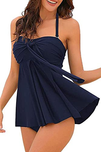 NLAND Maillot de Bain 2 Pièces Femme Taille Haute Tankini Ensembles Imprimé Rembourré à Volants Haut Maillot Push Up Elégante Swimwear Set(Bleu Marine,M)