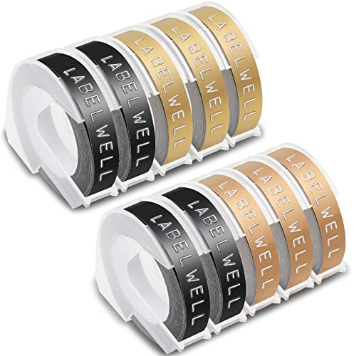 Labelwell 9mm x 3m Kompatibel 3D Prägeband Ersatz für Dynmo Vinyl-Prägeetiketten Selbstklebend für Dynmo Omega Etikettenprägegerät Junior Prägegerät E-303 E-101, Schwarz/Gold/Champagnergold