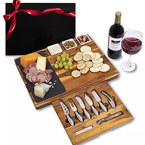 Assiette À Fromage Plateau De Charcuterie, Plateau De Service Fromage Viande Vin Et Ensemble De Couteaux avec Couverts Et Tiroir Coulissant, pour Vin, Crackers, Brie Et Viande