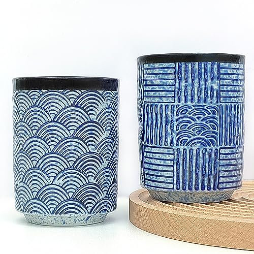NIUKOMY Taza de Té Japonesa, Juego de 2 Tazas de Té de Porcelana, Taza sin Asa de Cerámica Chino, Azul, 275 ML