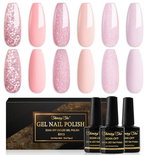 Shining She Gel Nail Polish Kit - 6 Colors Light Pink Glitter Gel Polish, Soak-Off UV/LED Nail Polish for Salon DIY Home, 8ML