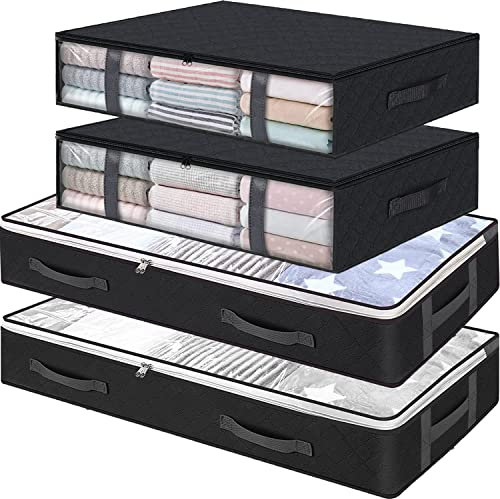 CJWLKJ 4-Pack Under Bed Storage Bags, Foldable Large Underbed Storage Organiser Containers, Clothes Storage Bags Box with Clear Window & Handles for Blanket, Comforter, Bedding, Quilts, Black