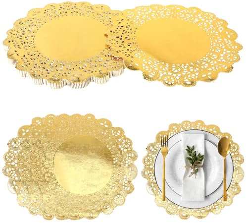 Mozeat Lens Tortenspitze Rund Gold Papier Deckchen 100 Stück 7.5 Zoll Papier Tischs ETS Spitze Papier Deckchen Dekorative Doily für Esstisch Kuchen Dessert Party Hochzeit Geschirr Weihnachten Dekor