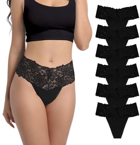 Deigecil High Waist Retro Thongs For Women Soft Cmfy Seamless Lace Cotton Women's Panties Plus Size Pack of 6