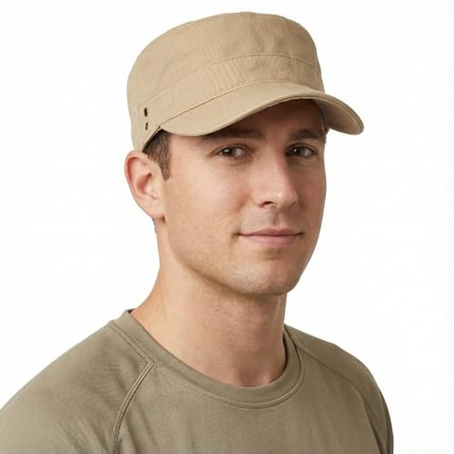HIQIU Military Cap Herren Armee Kappe Cadet Hut, Unisex Vintage Military Army Flat Hut, Militär Cap Verstellbar Baumwolle Baseballmütze Kappe feldmütze (DE/NL/SE/PL, Numerisch, 56, 60, Khaki)
