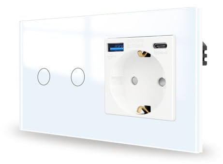 JIMEIDA Interruttore della luce touch con presa 20W Ricarica rapida Bianco con porte USB (USB A e Type C) 2 scomparti 1 via, pannello in vetro e LED di stato, interruttore da parete, non richiede un