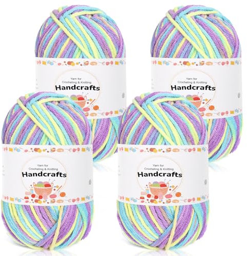 Aeelike 200g(4x50g) Acrylgarn zum Stricken Farbverlauf, 5Ply Häkelwolle Baumwolle zum Häkeln, Cotton Yarn Strickwolle Set für Anfänger, Erfahrene Häkeler, Violett Gelb Blau
