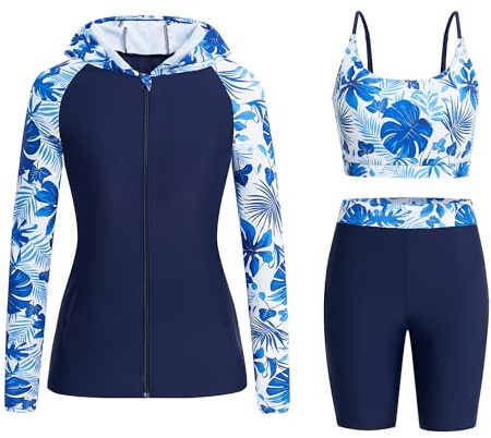 Owntop Womens 3-Piece Rash Guard | UPF50+ Swimsuits Hooded UV Shirt | Long Sleeve Zipper Rashguard Shirts & Bikini Top & High Waist Boyshorts | Swimming Surfing Modest Swimwear | Blue XL