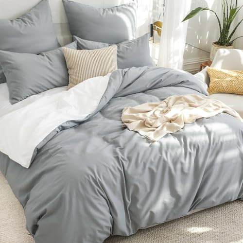 RUIKASI Grey Double Duvet Set White - Reversible Grey Duvet Cover Double Bedding Set with Zip, Soft Brushed Microfibre Double Bed Set Quilt Cover with 2 Pillowcases