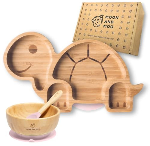 Moon and Moo Bamboo Suction Tortoise Plate & Bowl Set - Perfect Baby Gifts, Eco-Friendly Weaning Set with Powerful Silicone Suction Base, Divided Portion Plate (Light Pink)