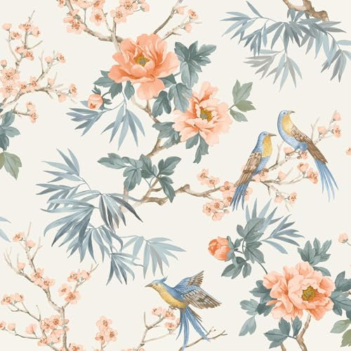 Tapete Amelie Chinoiserie, Orientalischer Asiatischer Stil, Blumen- und Vogelmuster, Orange Rasch 260561