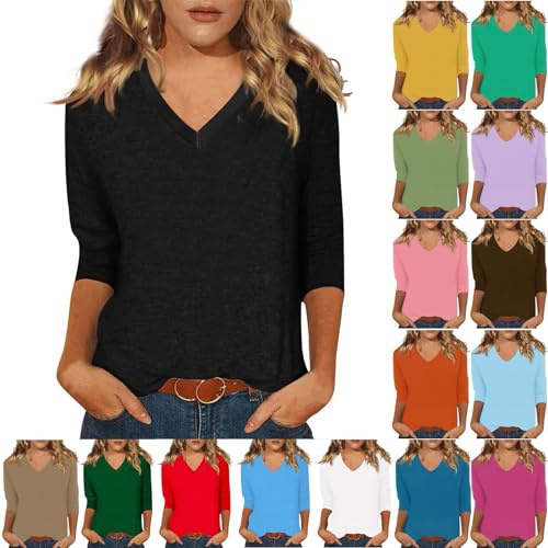 T-shirt à manches 3/4 pour femme - Noir - Col en V - Élégant - Couleur unie - Chemisier basique - T-shirt d'été décontracté - Pour adolescentes et filles - Mode - Hauts streetwear - Chemisiers et