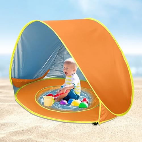 KBIBCK Strandmuschel Pop Up, Pop Up Strandzelt mit UV Schutz, Baby Strand Zelt mit Mini Pool, Tragbar Pop Up Baby Strandzelt mit Tragetasche und Zeltpflöcke für Kleinkinder, Picknick, Garten (Orange)