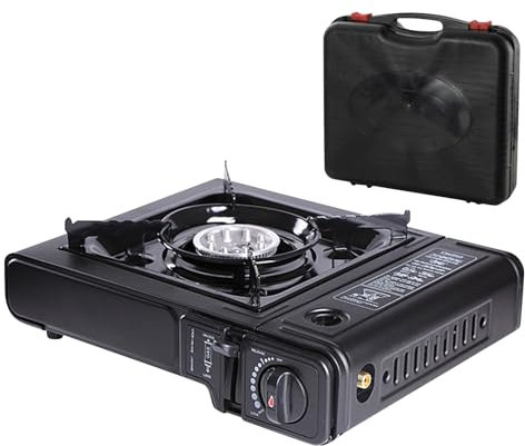 Estufa Camping Portátil, 2 En 1 Camping Gases Portatil, Resistente Al, Maletín, Hornillo Butano, Compatible Con Gases, 34x26x7cm, Con 1 Caja Almacenamiento Y 1 Adaptador