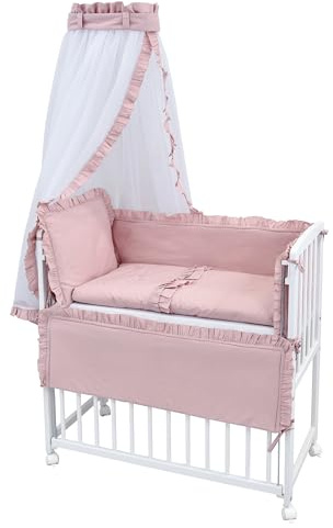 Generisch Baby Delux Beistellbett Babybett Stubenwagen weiß 90x40 mobil mit Rädern inkl. Matratze und Bettwäsche Set mehrteilig (Royal Rosa Rüsche Stickerei)