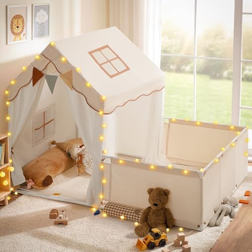 besrey 2 IN 1 Kinderzelt, Kinder Spielhaus Indoor mit Laufgitter Matte und Lichtern, Kinder Bettzelt,Spielzelt für Drinnen,Prinzessin Zelt, Kinderspielhaus, Kuschelecke Kinderzimmer Dekor ab 3 Jahre