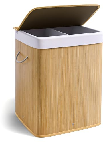 Laundry Basket with Lid, 110L Large Bamboo Laundry Hamper, 2 Compartments Washing Basket with Removable Liner Bag, Clothes Hampers Laundry Bin for Bedroom, Bathroom, Laundry Room
