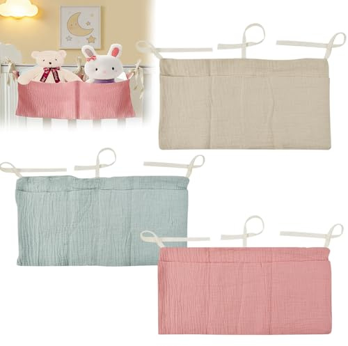 Zuxbolf Lot de 3 Sac Rangement pour Lit Bébé, Bébé Lit Suspendu Sac de Rangement Rangement Suspendu Lit Bebe avec 2 Poches Sac de Rangement pour Berceau pour Stocker des Vêtements, Couches, Jouets