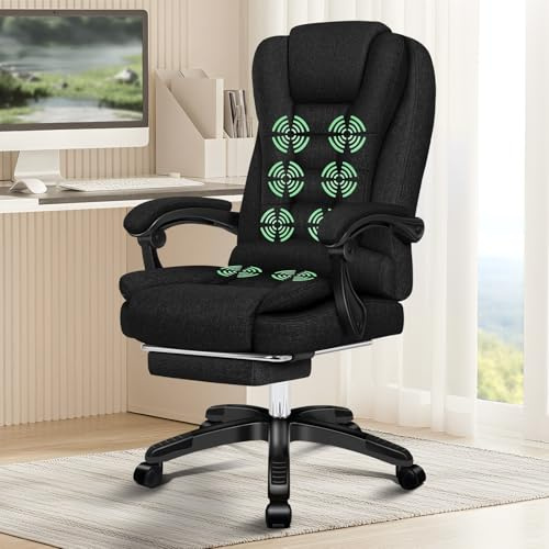 ELFORDSON 8-Point Massage Office Chair for Home, Seat Heated Gaming Chair with Footrest, High Back 150° Reclining Executive Desk Chair with Padded Armrest, Linen, Black