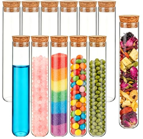 Acetiti 12 Pièces Tube a Essai en Verre, 25 x 150mm(30ml) Tube Transparent avec Bouchons en Liège pour DIY, Mariage, Bonbons, Epice, Plante, Décoration Cadeau
